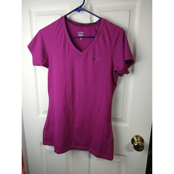 Nike Pro Woman M V Neck Purple SS Dri Fit Activewear Pullover Tee - Picture 2 of 9
